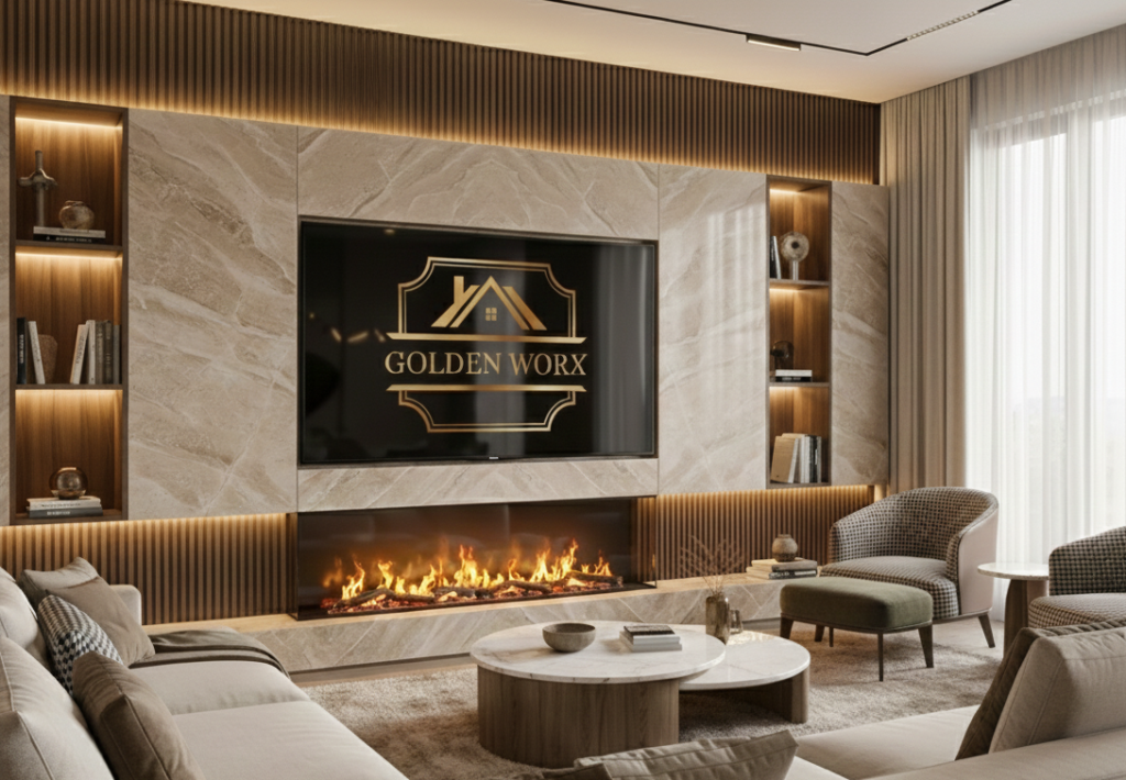 Bespoke media wall installation featuring integrated electric fireplace, TV mounting, and LED lighting by GoldenWorx, serving Norwich, Ipswich, Cambridge, and Colchester.
