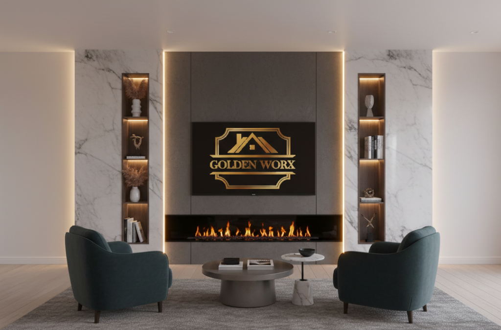 Bespoke media wall installation featuring integrated electric fireplace, TV mounting, and LED lighting by GoldenWorx, serving Norwich, Ipswich, Cambridge, and Colchester.