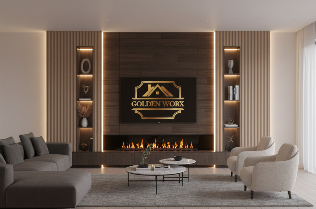 Bespoke media wall installation featuring integrated electric fireplace, TV mounting, and LED lighting by GoldenWorx, serving Norwich, Ipswich, Cambridge, and Colchester.