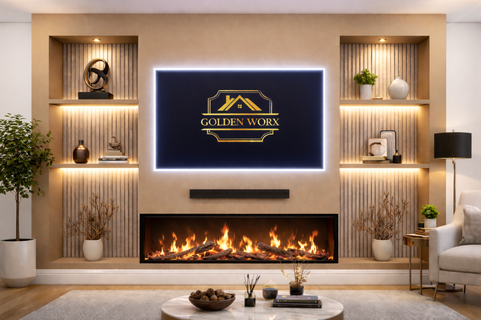 GoldenWorx - Media wall - premium media wall - media wall solutions - making media wall - media walls - Goldwn worx Goldenworx ideas for your home or office