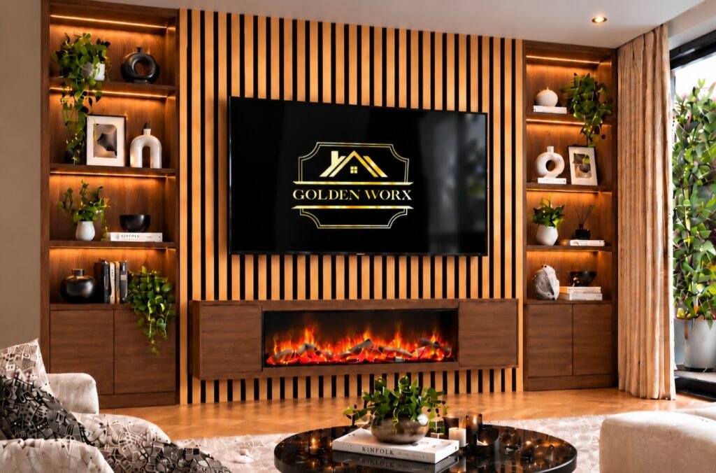 Flagship Fireplace Media wall solution by GoldenWorx