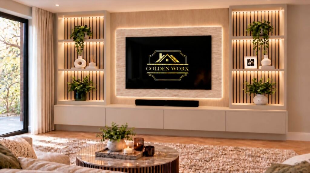 Screenshot_20261031_072920_Gallery - GoldenWorx - GoldenWorx Living room with a wall-mounted TV showing a Golden Worx logo, flanked by illuminated shelves with plants and decor.